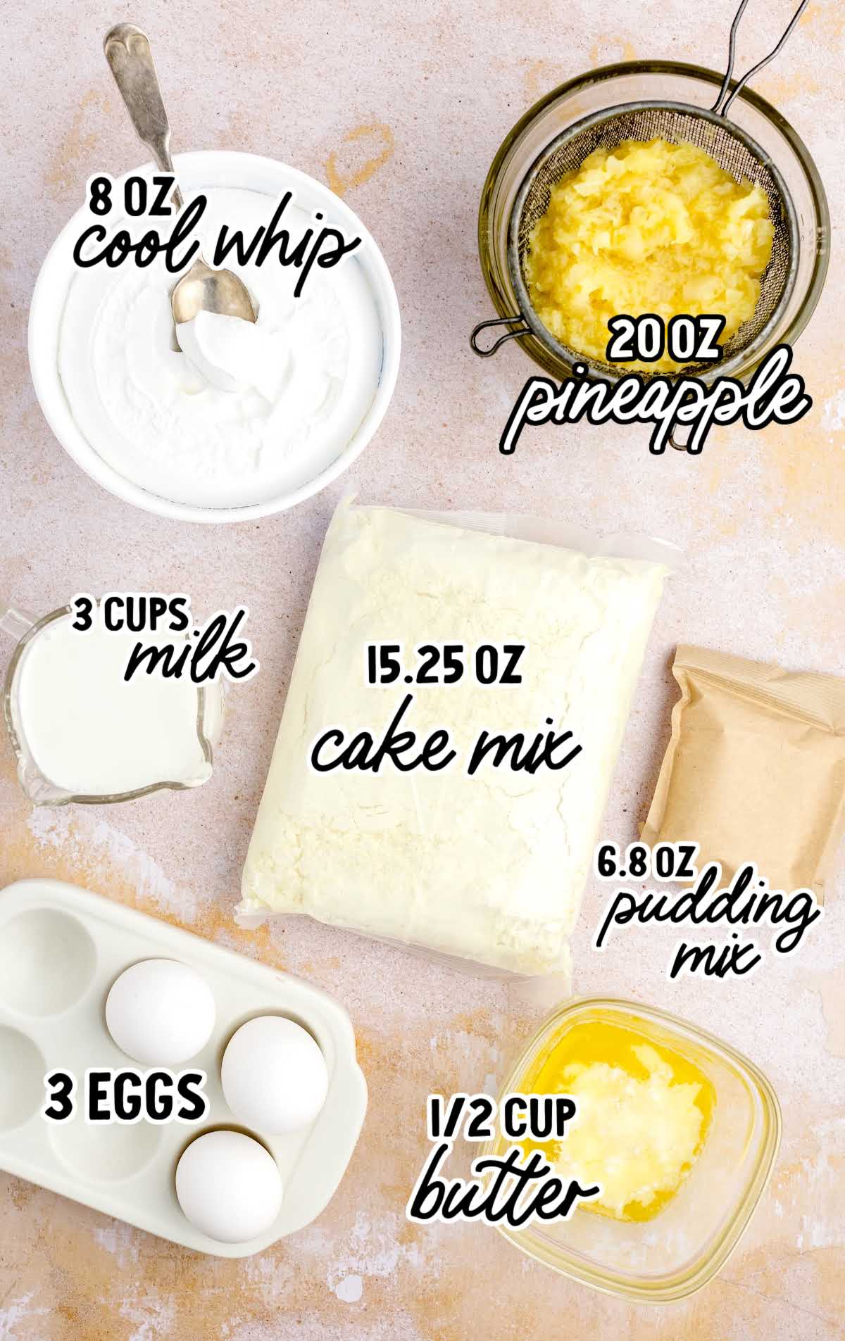 Pineapple Poke Cake raw ingredients that are labeled