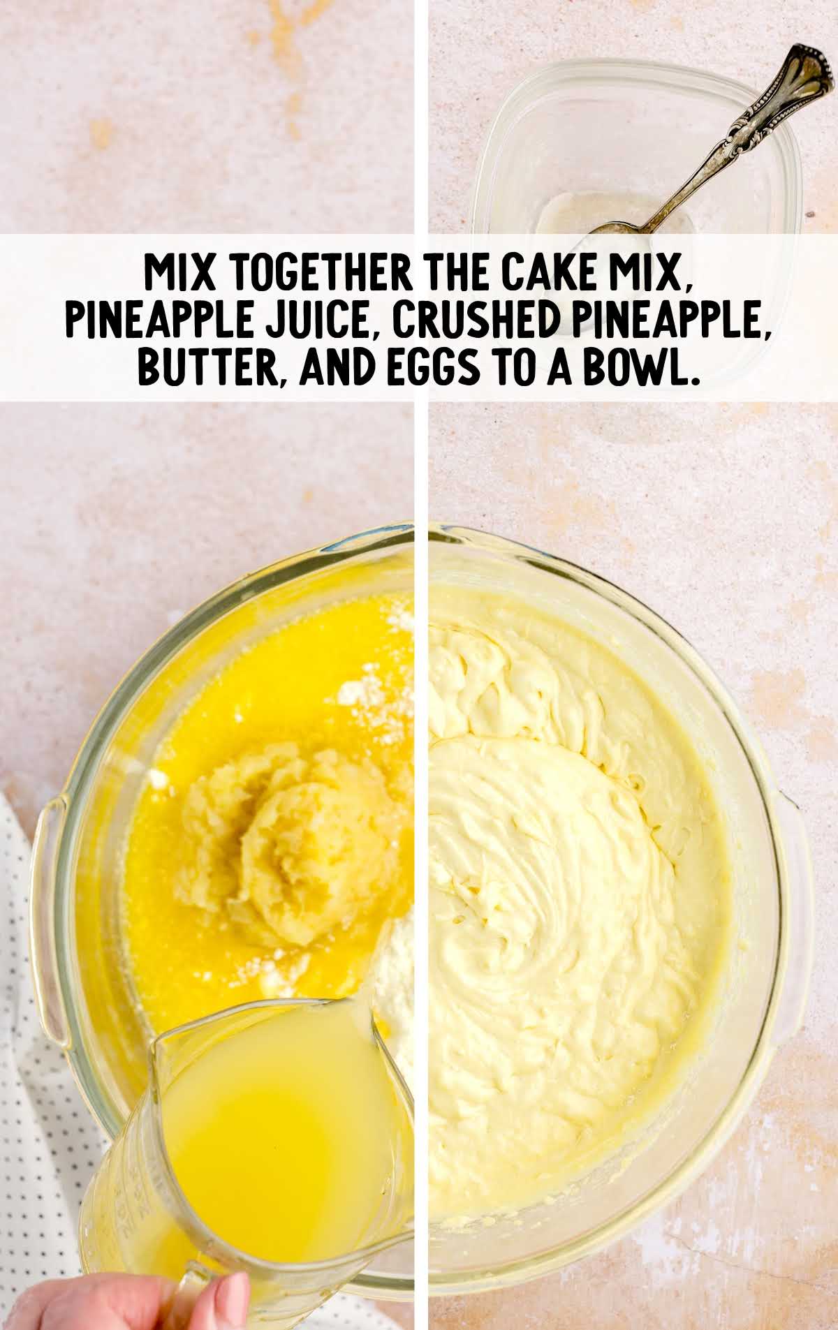 cake mix, pineapple juice, pineapple, butter, and eggs mixed in a bowl