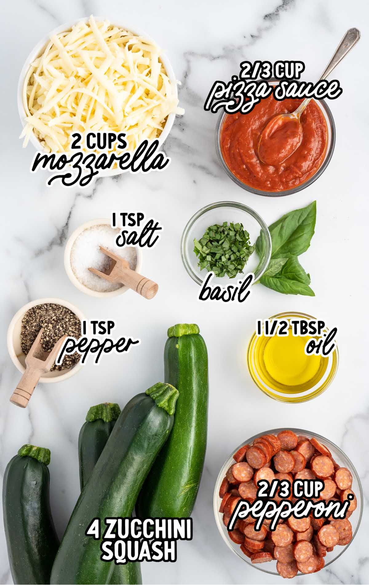 Pizza Zucchini Boats raw ingredients that are labeled