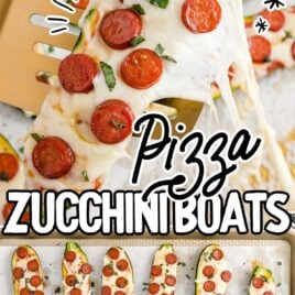 overhead shot of Pizza Zucchini Boats in a baking dish