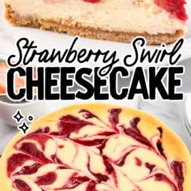a close up shot of a slice of Strawberry Swirl Cheesecake on a plate