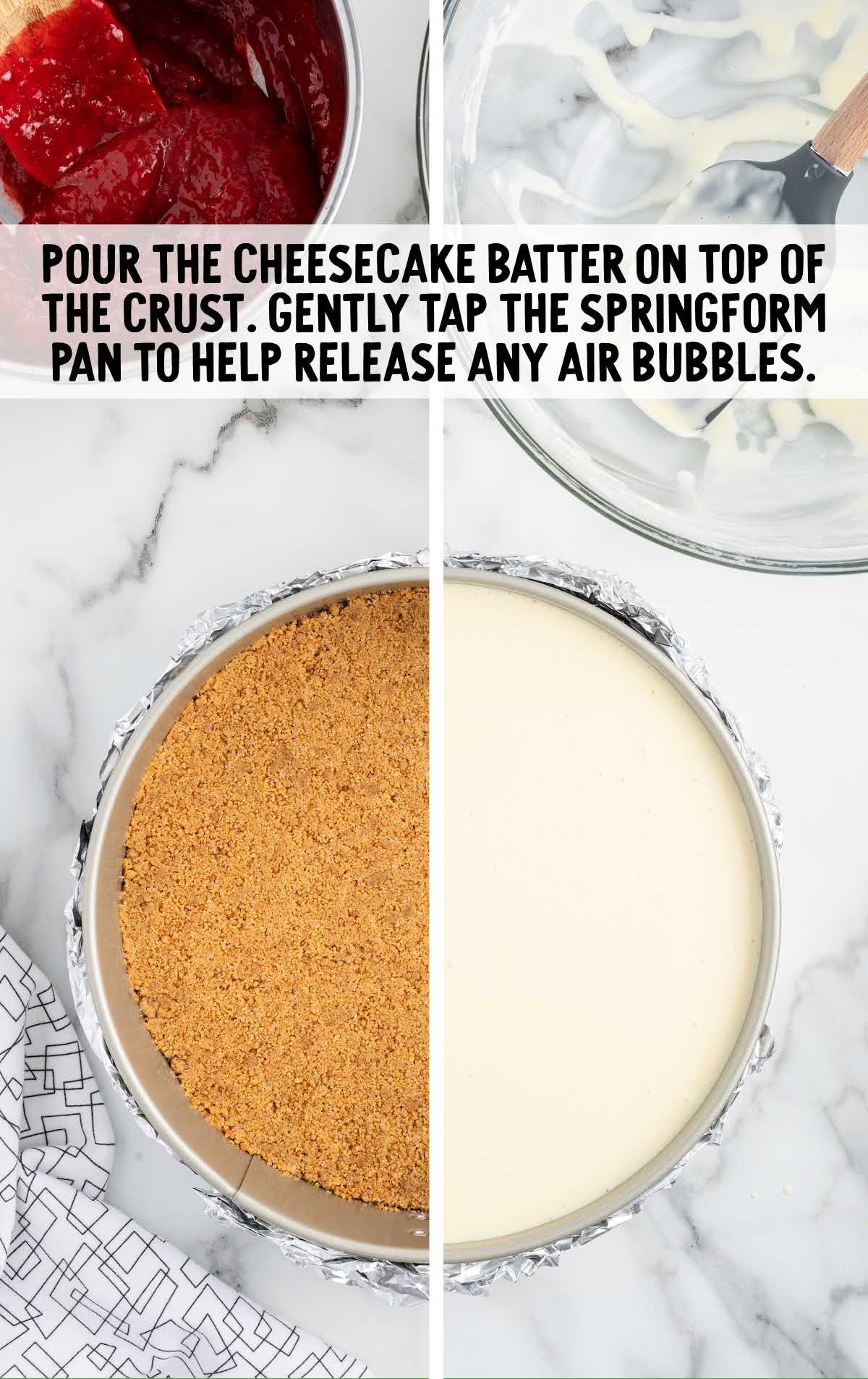 cheesecake batter poured on top of the crust