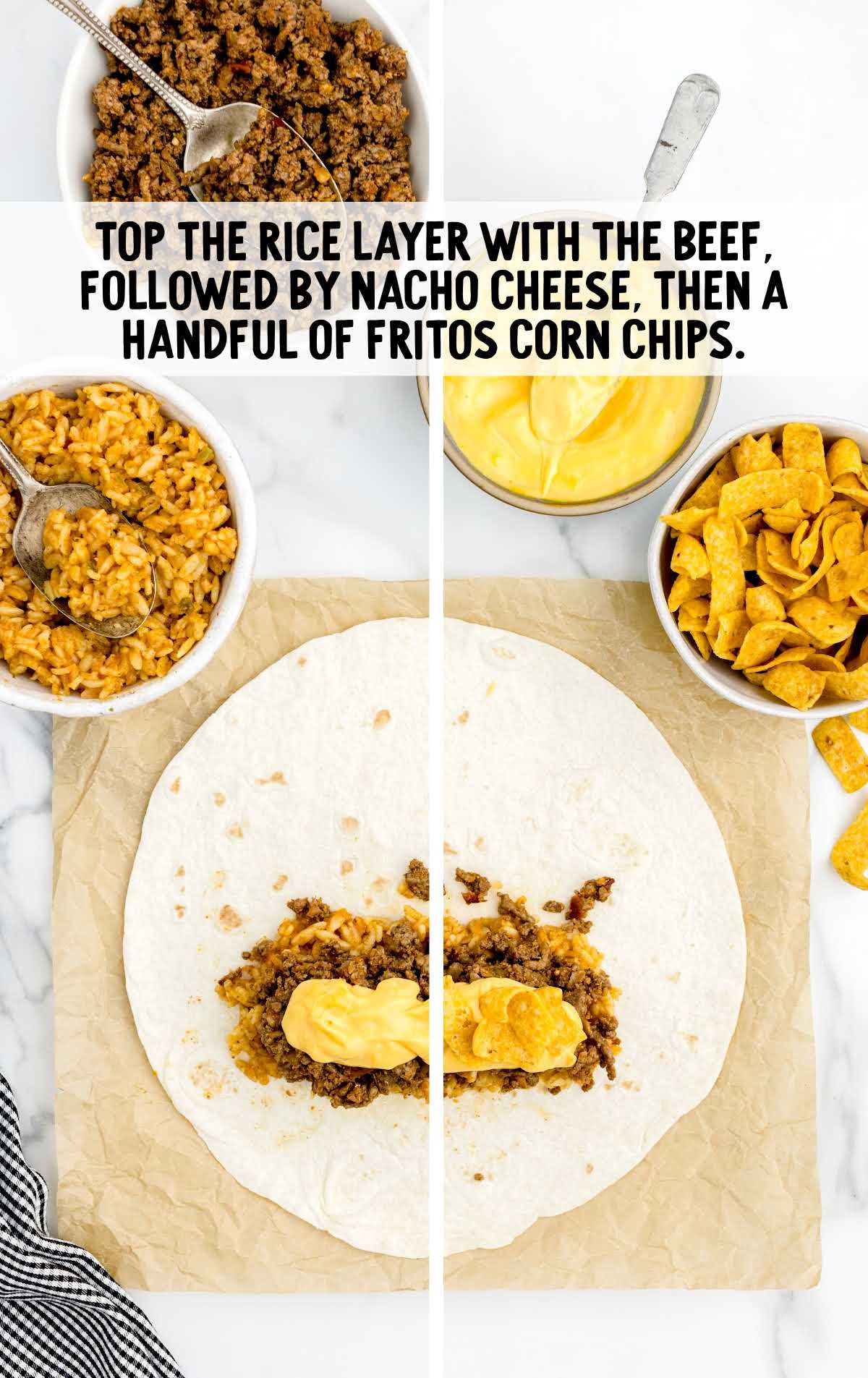 tortilla being topped with seasoned beef, nacho cheese sauce, and Fritos corn chips