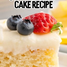 Graphic image with text "Moist & Delicious Lemon Sour Cream Cake Recipe" and a slice of cake on a plate.