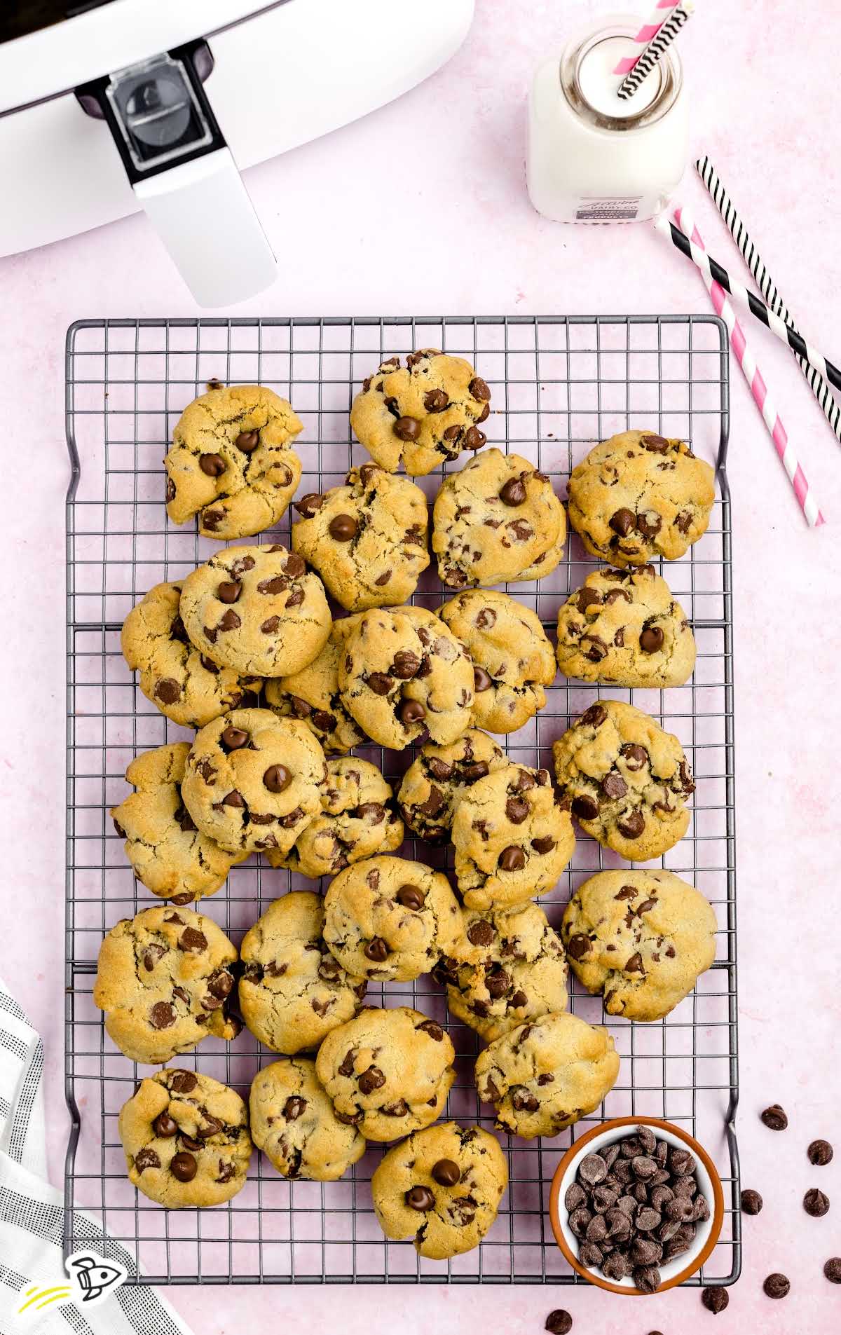 overhead shot of Air Fryer Chocolate Chip Cookies on a cooling rack