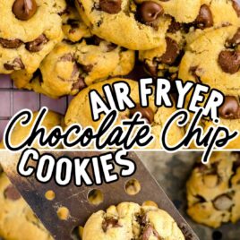 overhead shot of Air Fryer Chocolate Chip Cookies on a cooling rack and overhead shot of a Air Fryer Chocolate Chip Cookie on a spatula