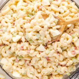 overhead shot of Amish Macaroni Salad in a bowl