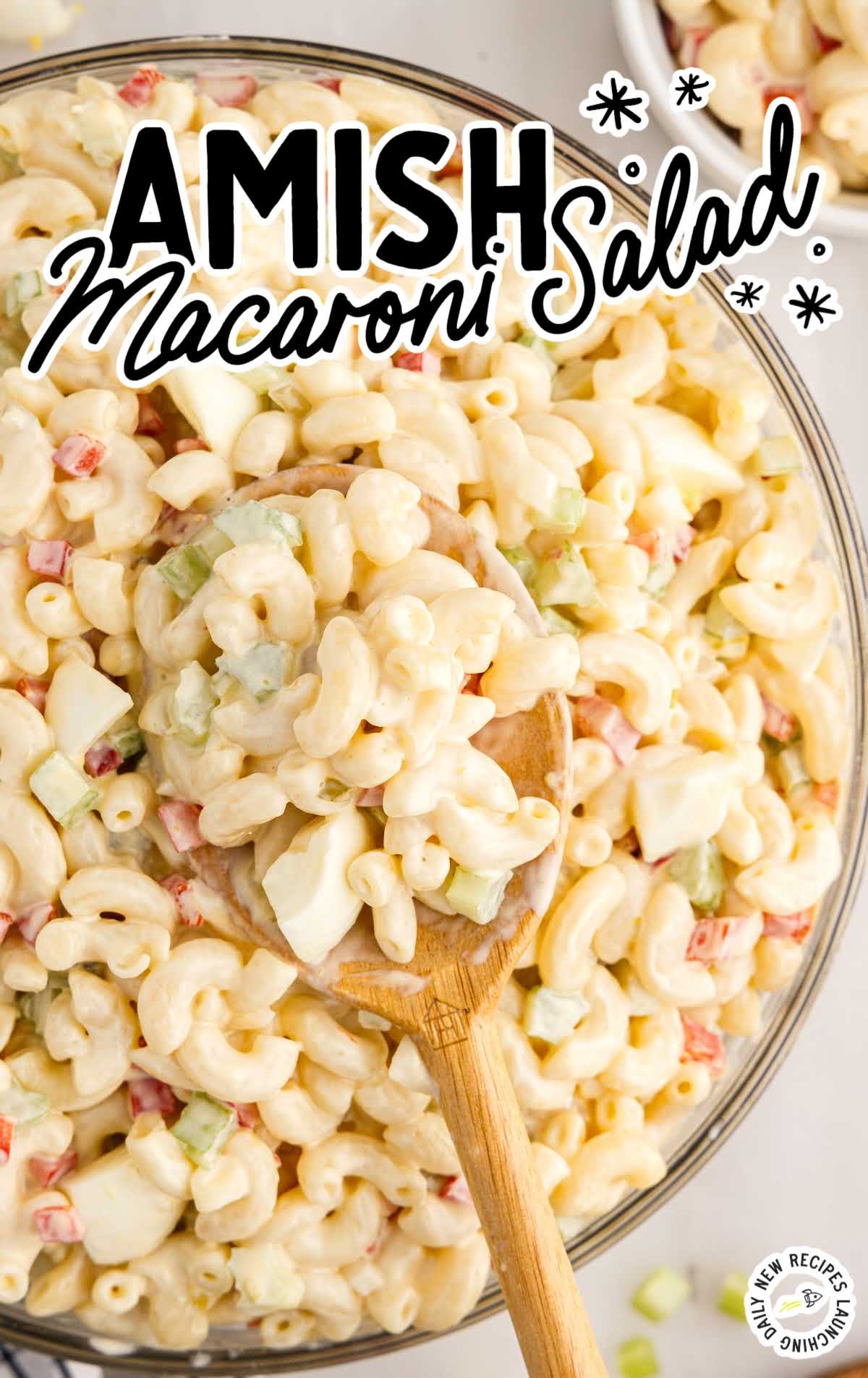 overhead shot of Amish Macaroni Salad in a bowl