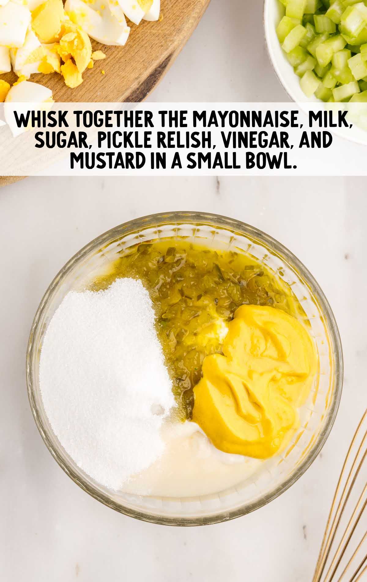 mayonnaise, milk, sugar, pickle relish, vinegar, and mustard combined in a bowl