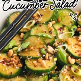 a close-up shot of Asian Cucumber Salad in a bowl