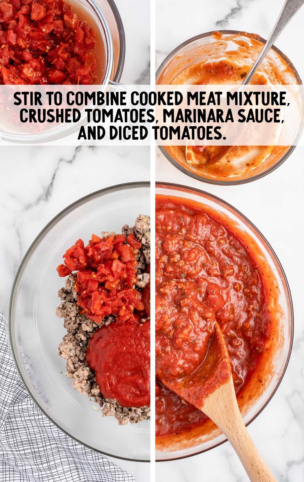 meat mixture, crushed tomatoes, pasta sauce, and petite diced tomatoes combined in a bowl