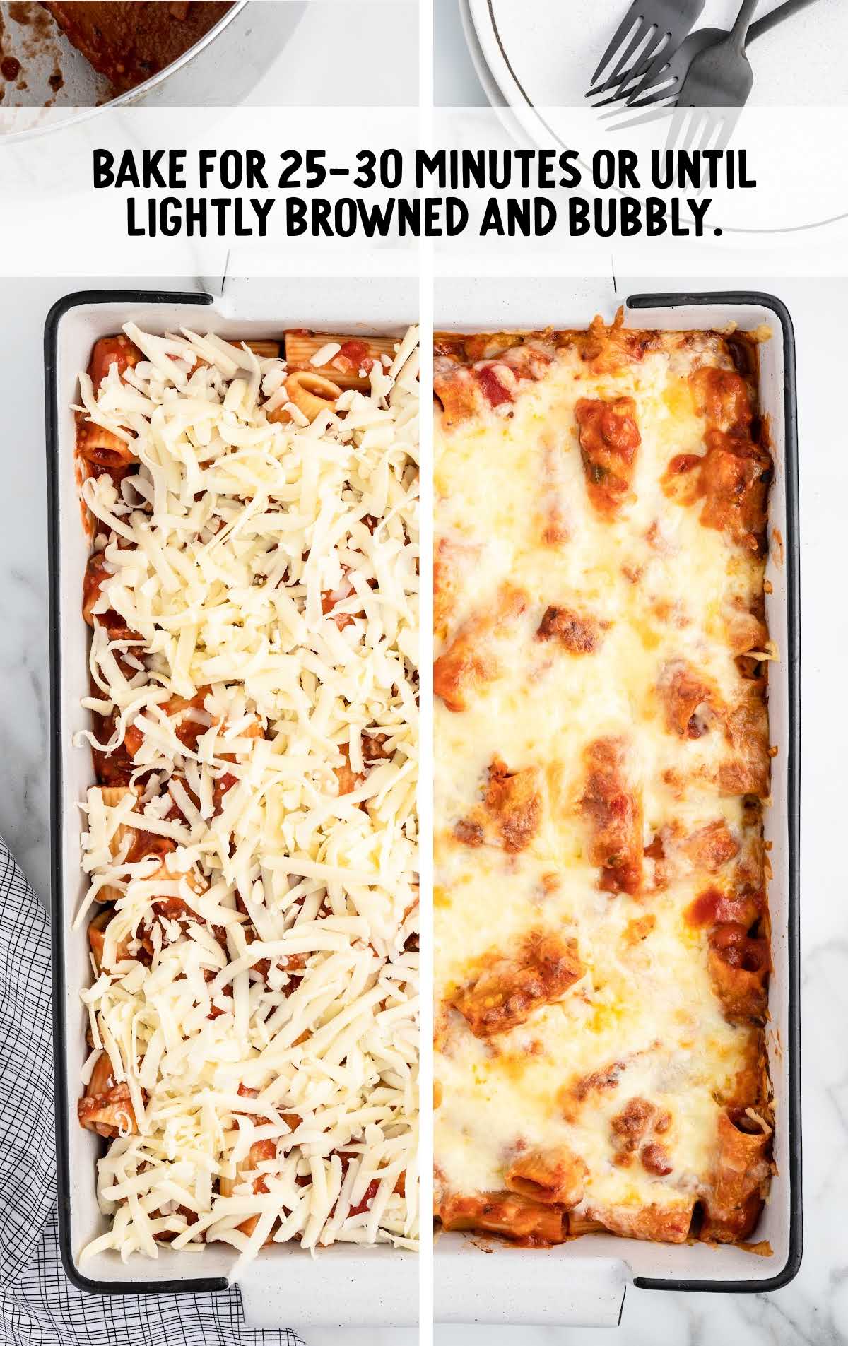 Rigatoni baked in a baking dish