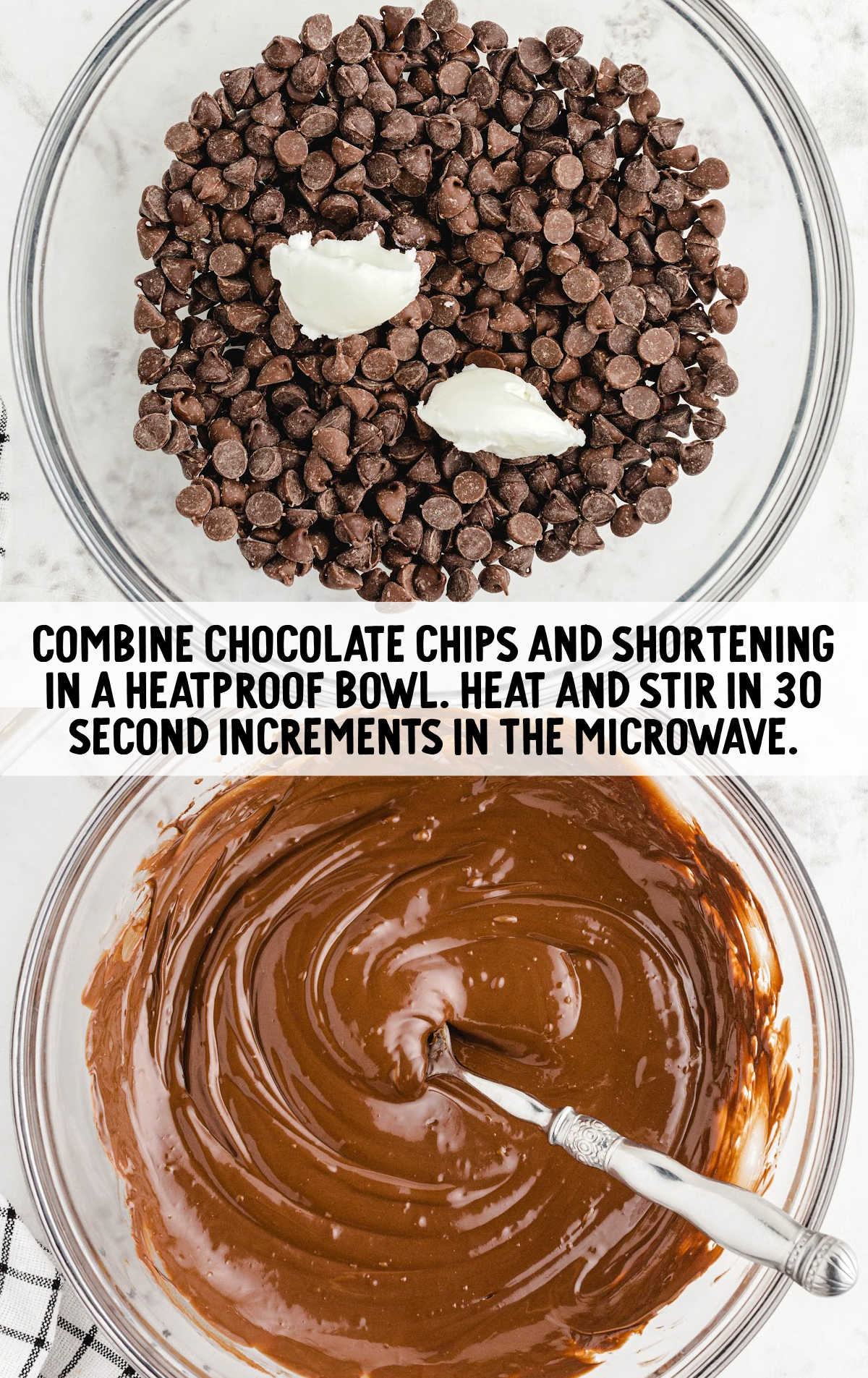 chocolate chips and shortening combined in a bowl