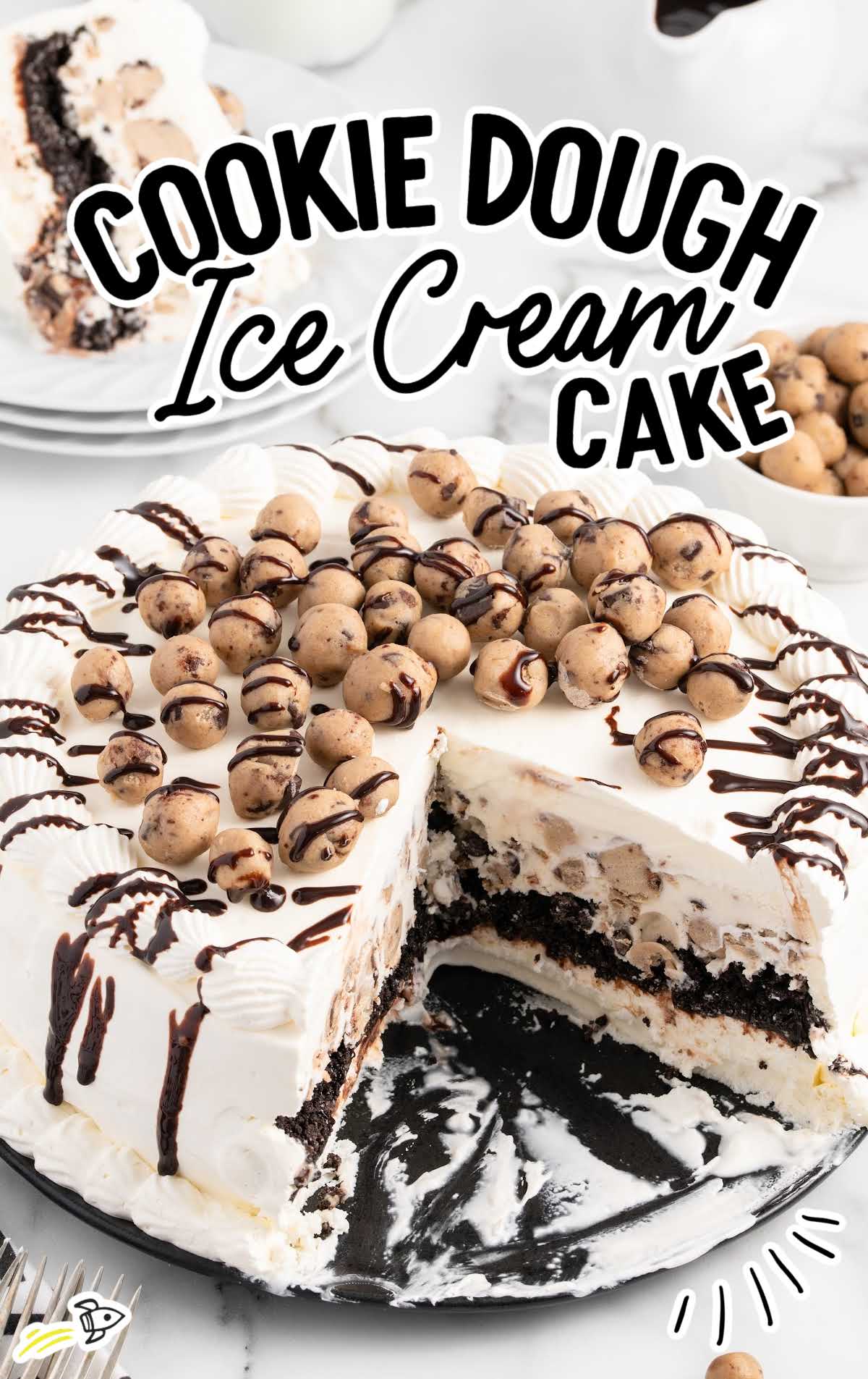 a close-up shot of Cookie Dough Ice Cream Cake with a slice taken out
