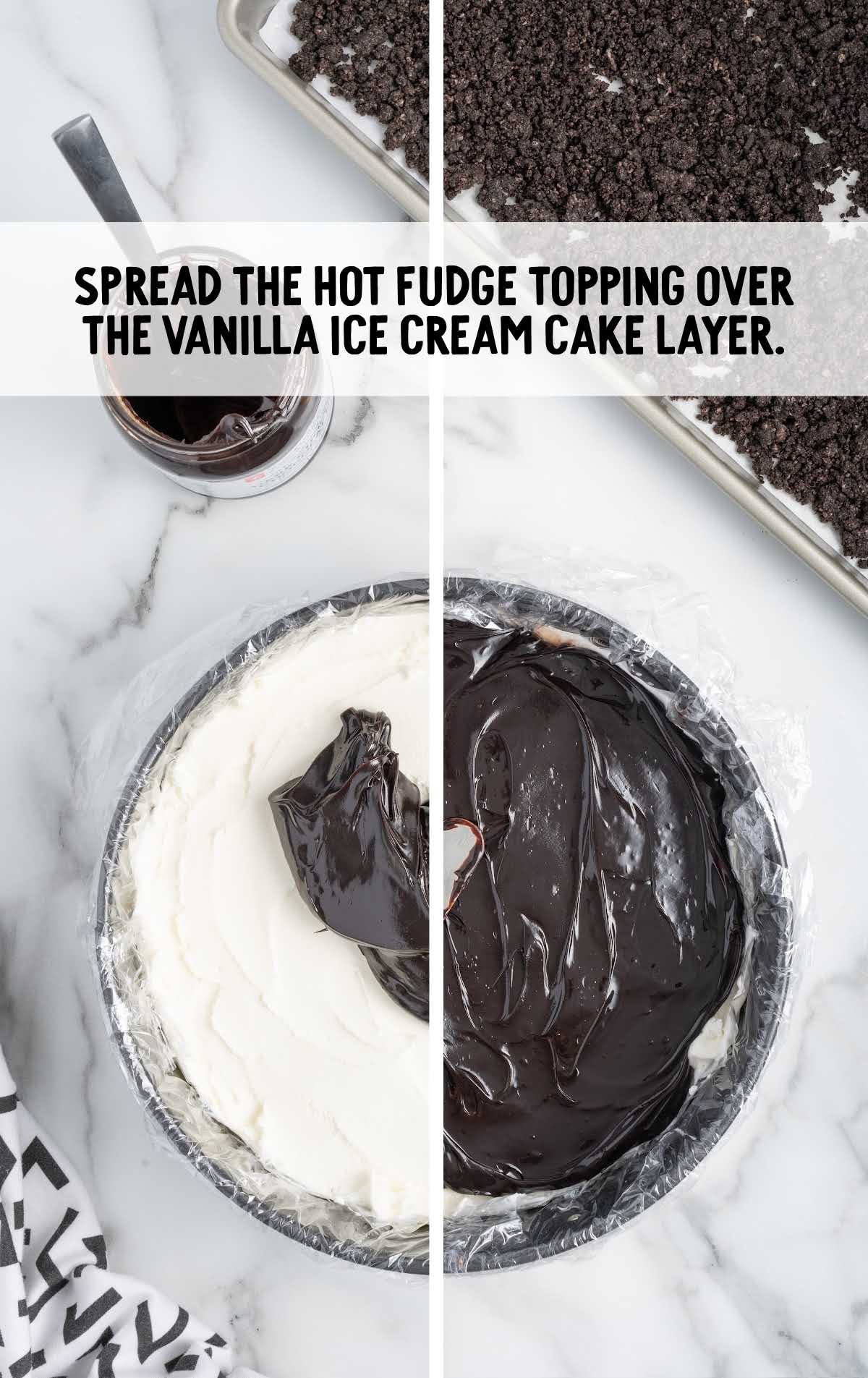 hot fudge topping spread over the ice cream layer