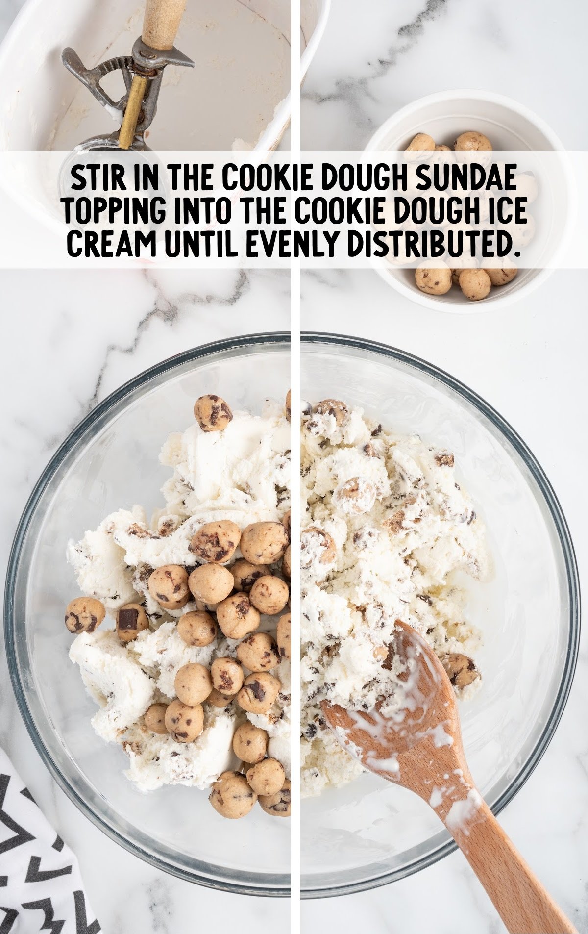 cookie dough sundae topping stirred into the cookie dough ice cream