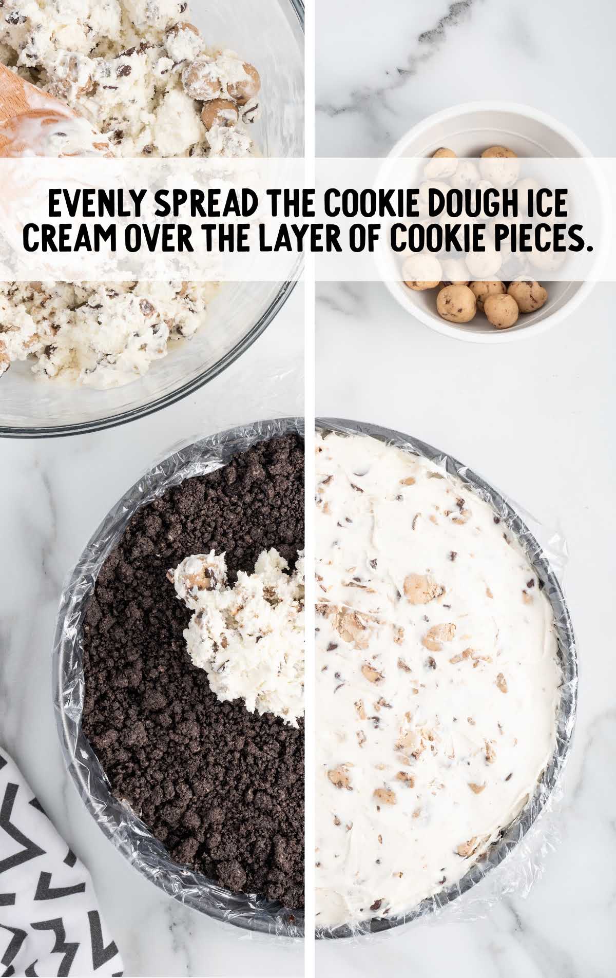 cookie dough ice cream spread over the cookie pieces layer