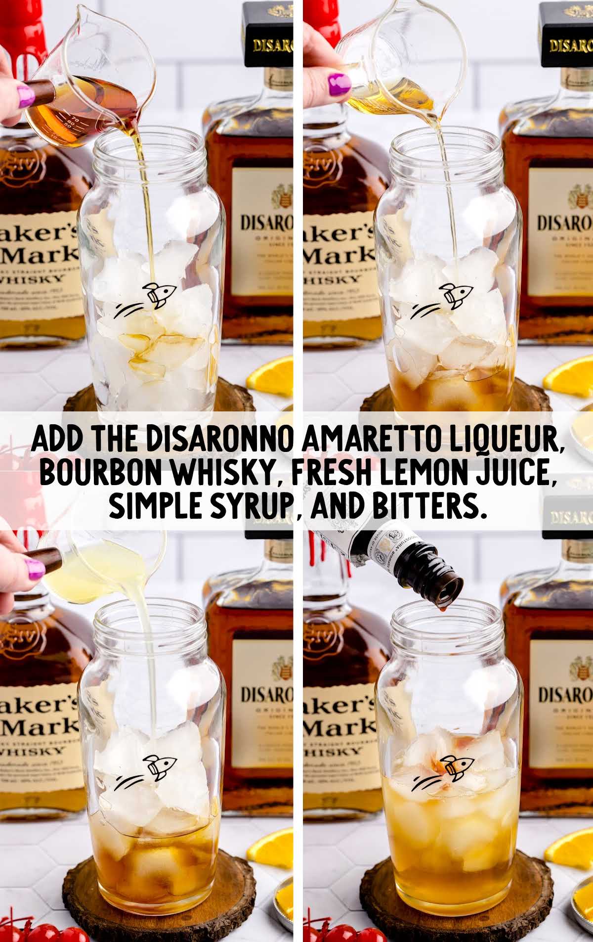 disaronno amaretto liqueur , bourbon whisky, fresh lemon juice, syrup and bitter added to a drink shaker
