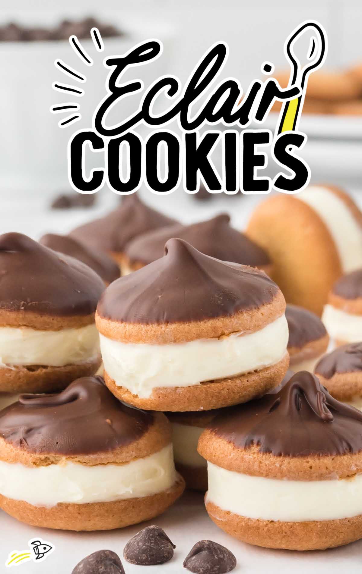 A close-up shot of Eclair Cookies piled on top of each other.