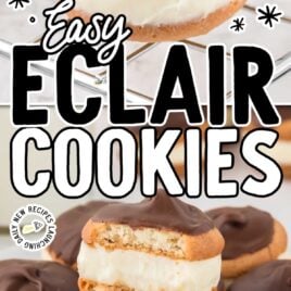 A close-up shot of Eclair Cookies piled on top of each other with one having a bite taken out of it