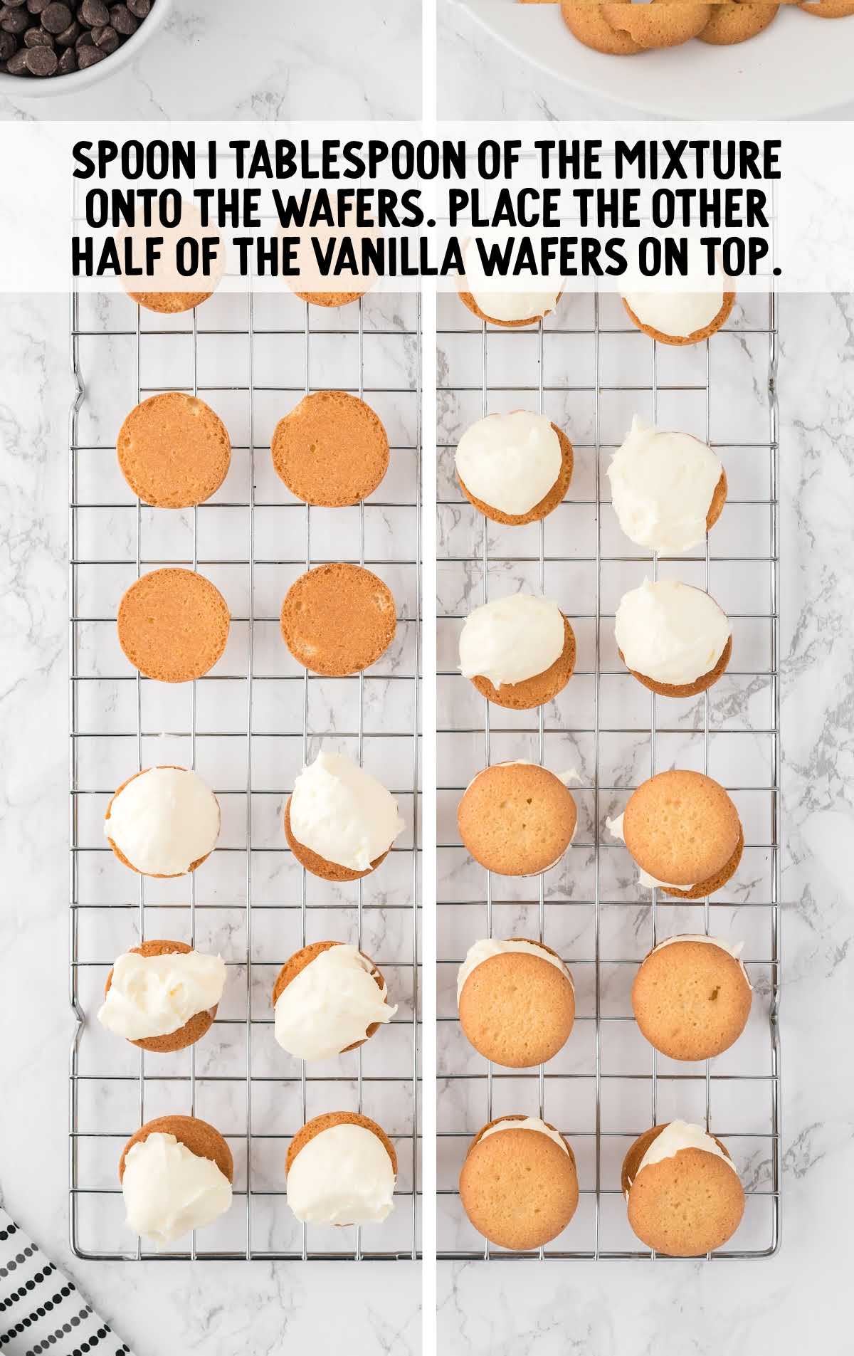 mixture spooned onto the wafers and then placed the other half of the vanilla wafers on top