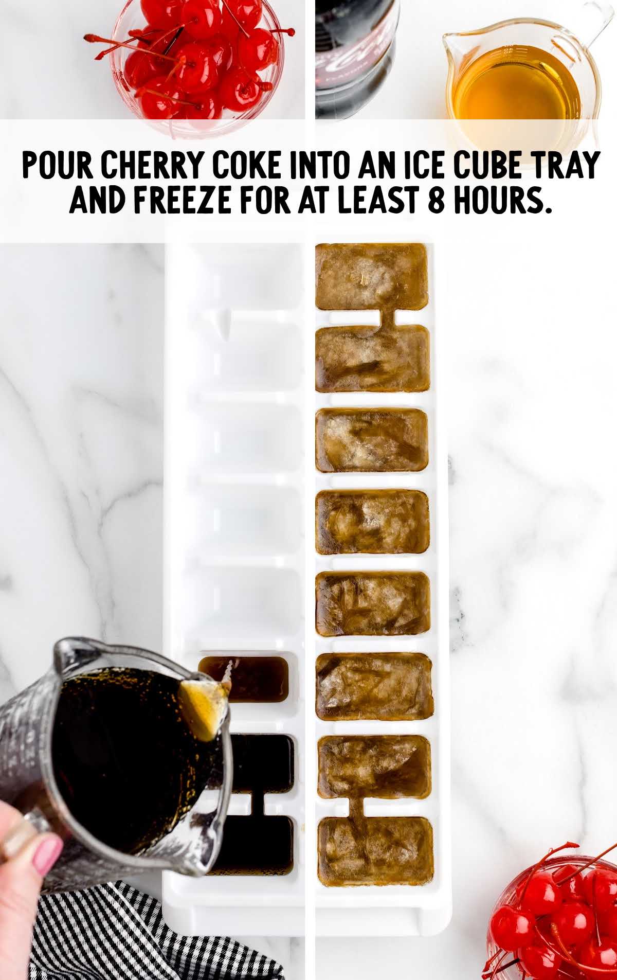 cherry coke poured into an ice cube tray and freeze