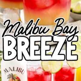 a close up shot of a couple of Malibu Bay Breeze in a tall glass garnished with a slice of lime