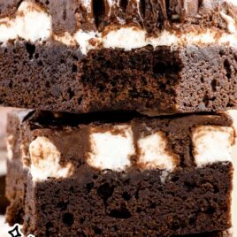 close up shot of Marshmallow Brownies stacked on top of each other
