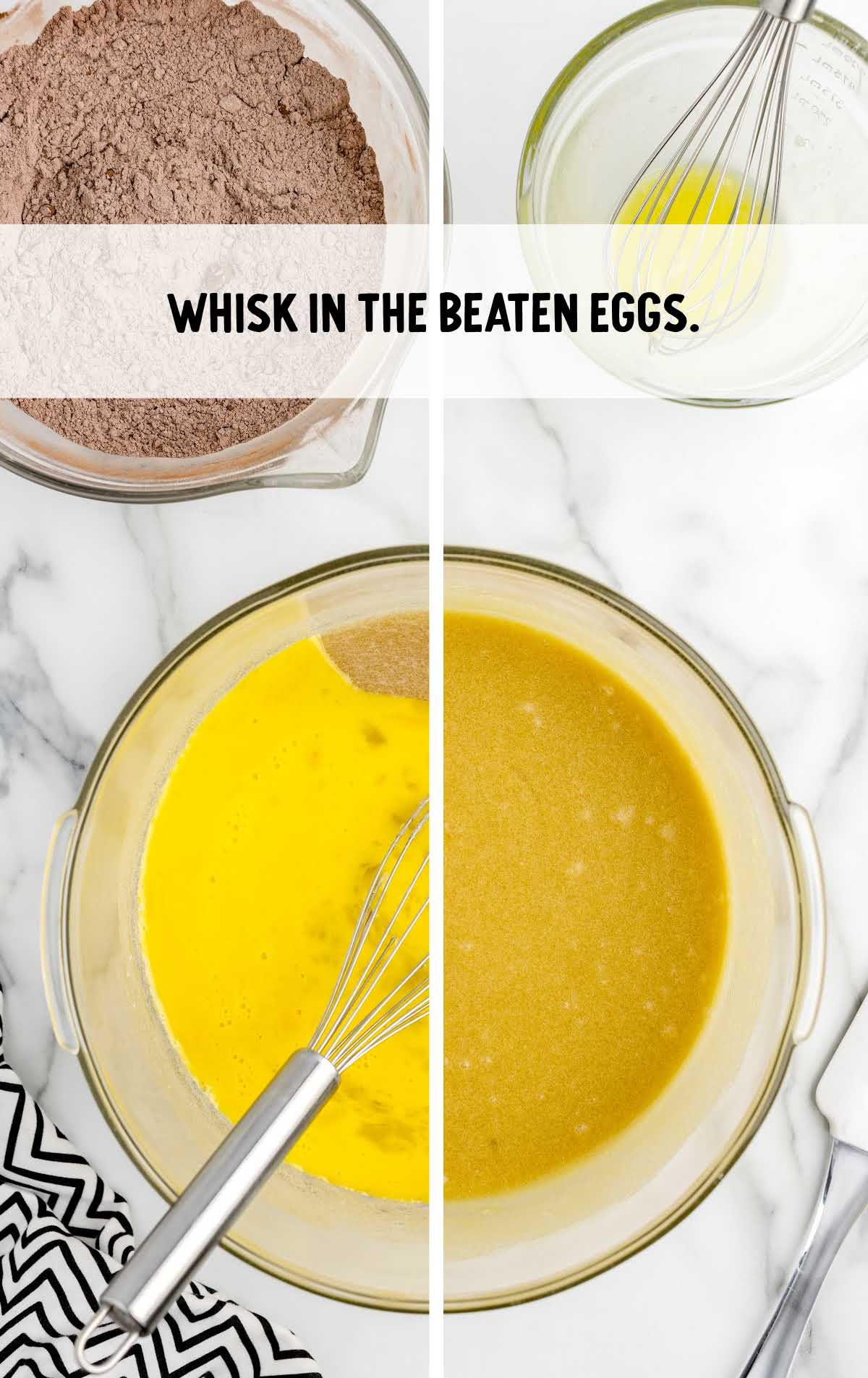 beaten eggs whisked into the ingredients in a bowl