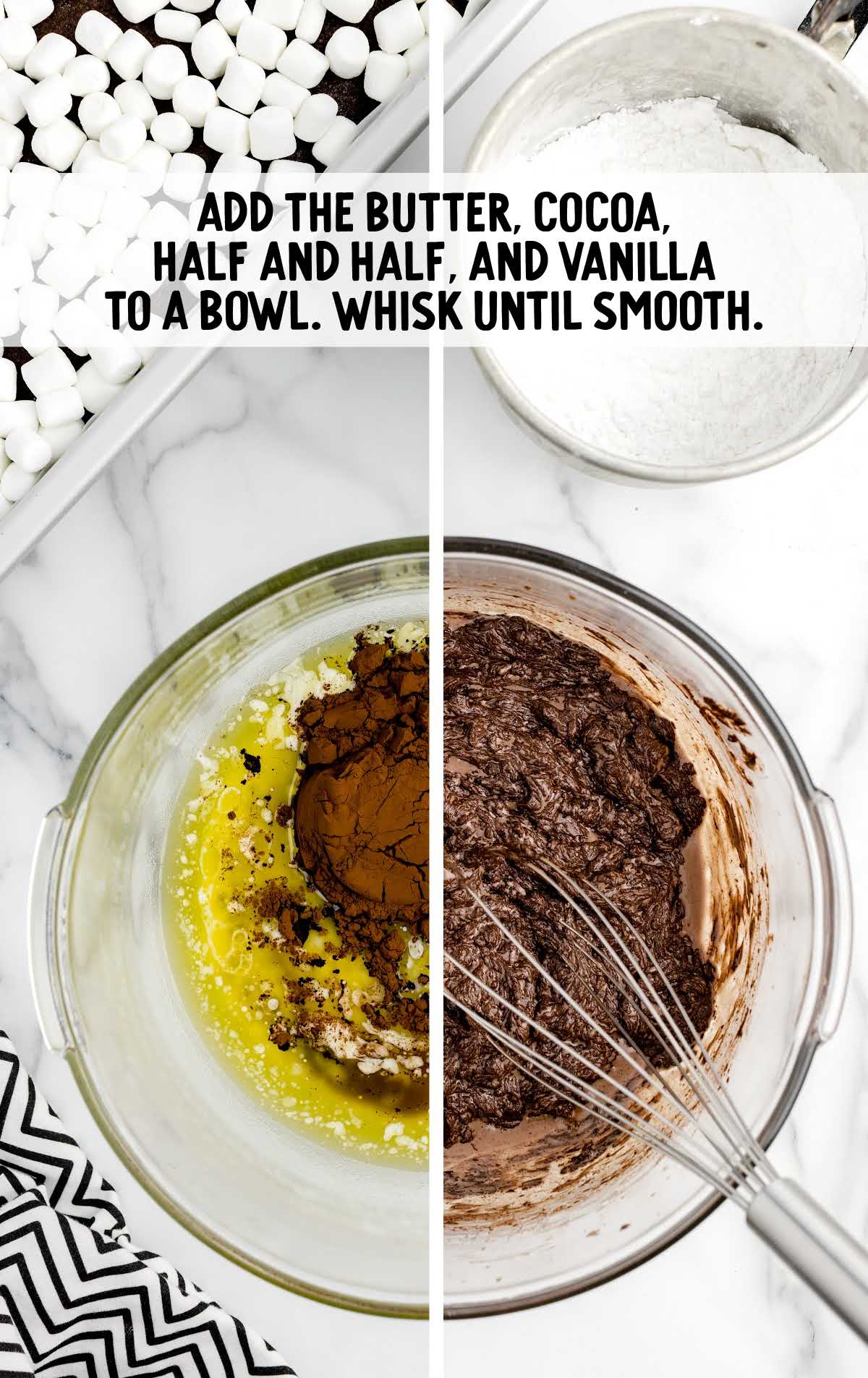 melted butter, unsweetened cocoa powder, half and half, and vanilla whisked into a bowl