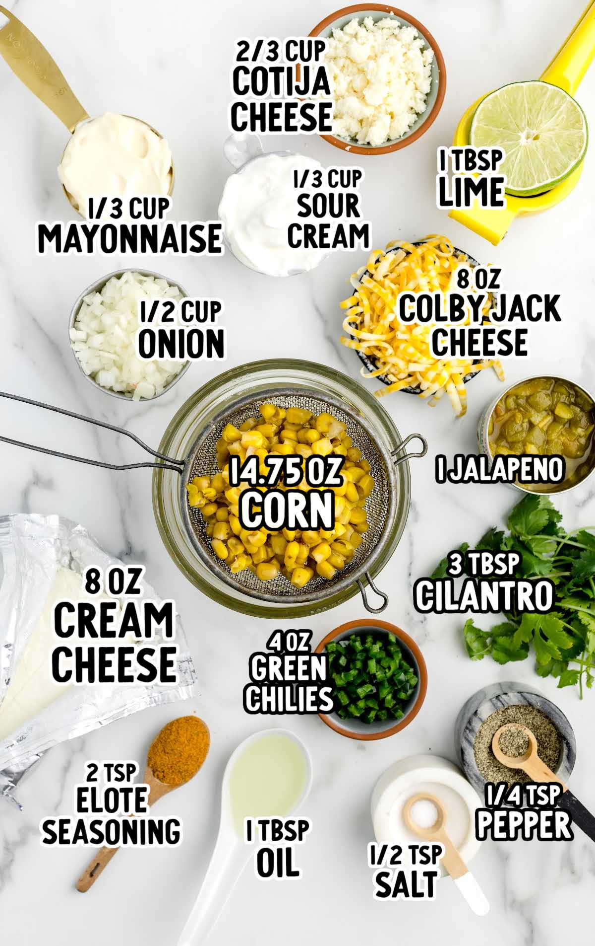 Mexican Corn Dip raw ingredients that are labeled