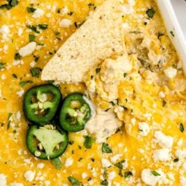 Mexican Corn Dip topped with jalapeños and parsley in a baking dish with a tortilla chip