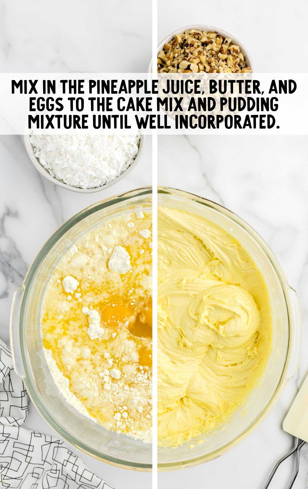 pineapple juice, butter, and eggs mixed with the cake mix and pudding mixture