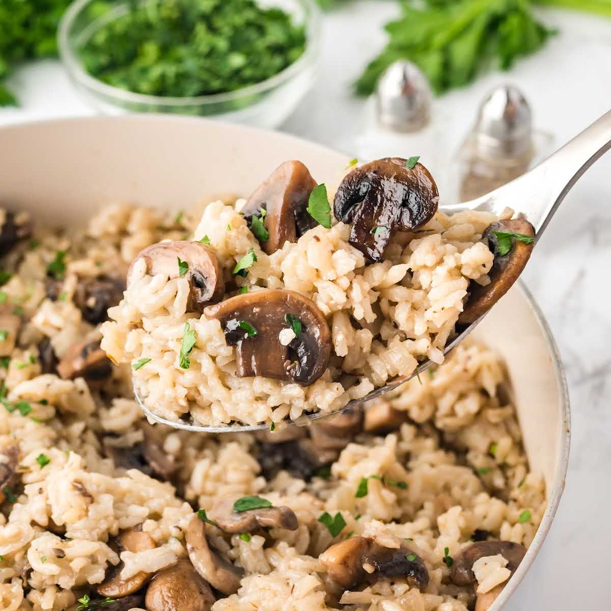 a close-up shot of Mushroom Rice on a fork