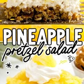 a close-up shot of a slice of Pineapple Pretzel Salad on a plate with a bite taken out of it and a slice of Pineapple Pretzel Salad on a spatula