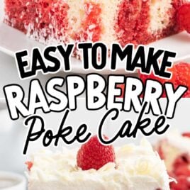 a slice of raspberry poke cake on a plate