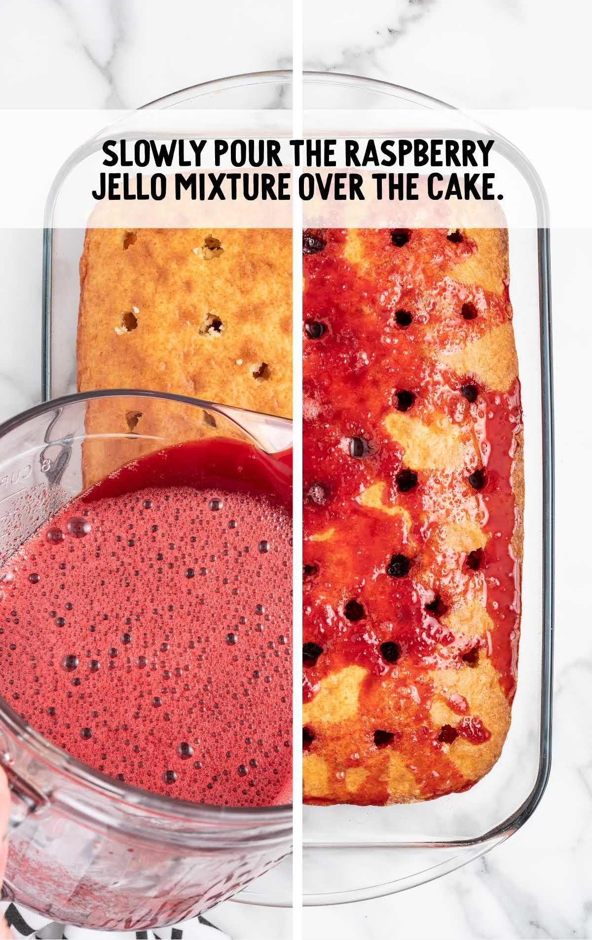 raspberry pudding mixture spread over the cake with holes in it