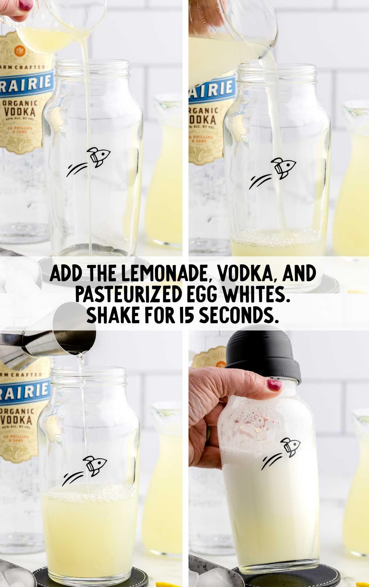 lemon, vodka, and egg whites added to a shaker