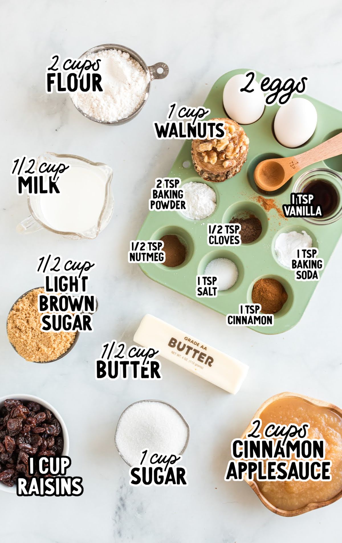 flat lay of ingredients for applesauce cake