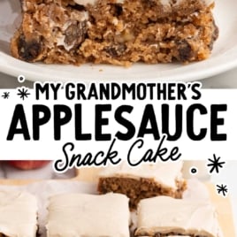 My grandmother’s applesauce snack cake with cream cheese frosting, cut into squares on parchment paper