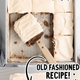 Vintage applesauce cake recipe topped with cream cheese frosting, old fashioned dessert sliced in pan
