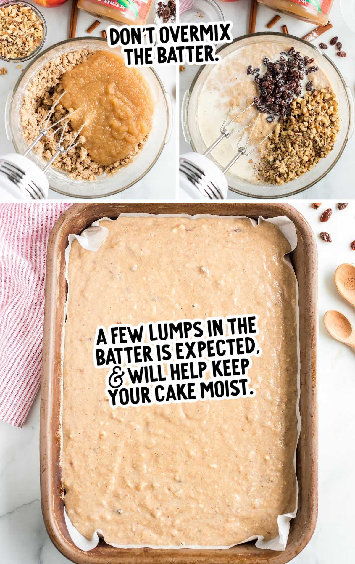 Step-by-step applesauce cake batter process showing mixing in applesauce, walnuts, and raisins before baking