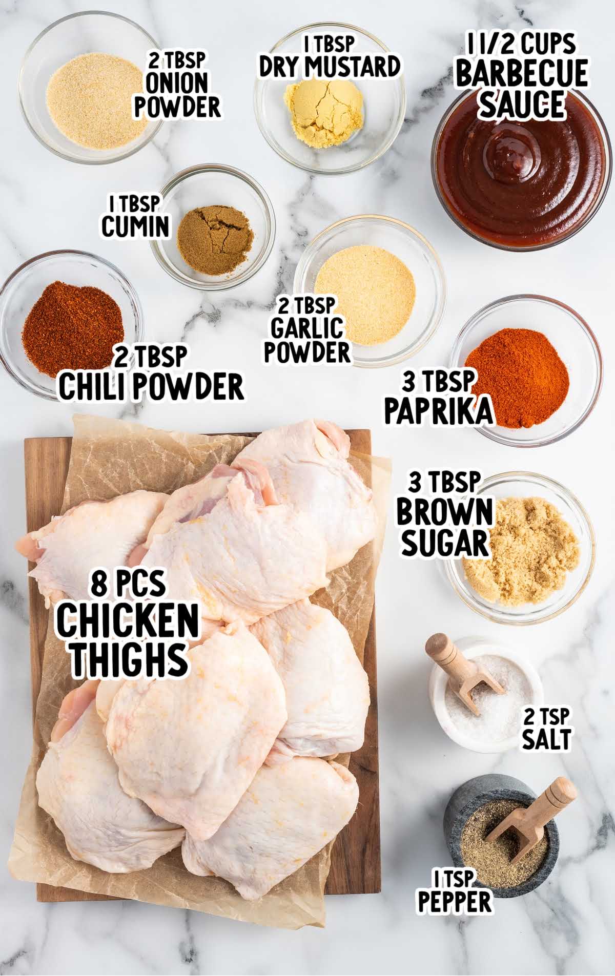 Baked BBQ Chicken Thighs raw ingredients that are labeled