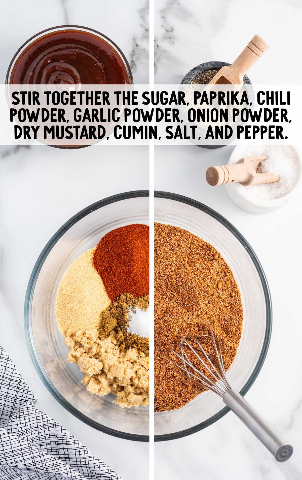 brown sugar, smoked paprika, chili powder, garlic powder, onion powder, dry mustard, cumin, salt, and black pepper combined in a bowl