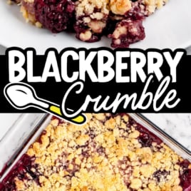 Two stacked images showing blackberry crumble: Top image: A close-up of a serving of blackberry crumble topped with vanilla ice cream on a white plate. Bottom image: Overhead view of a glass baking dish filled with golden-brown blackberry crumble. Text overlay reads: “Blackberry Crumble – Classic Crumble Topping.”