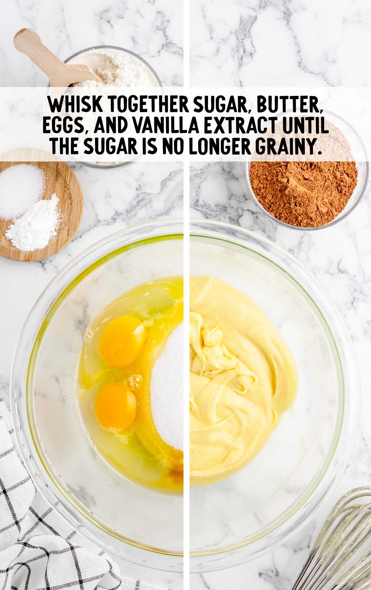 sugar, butter, eggs, and vanilla extract combined in a bowl