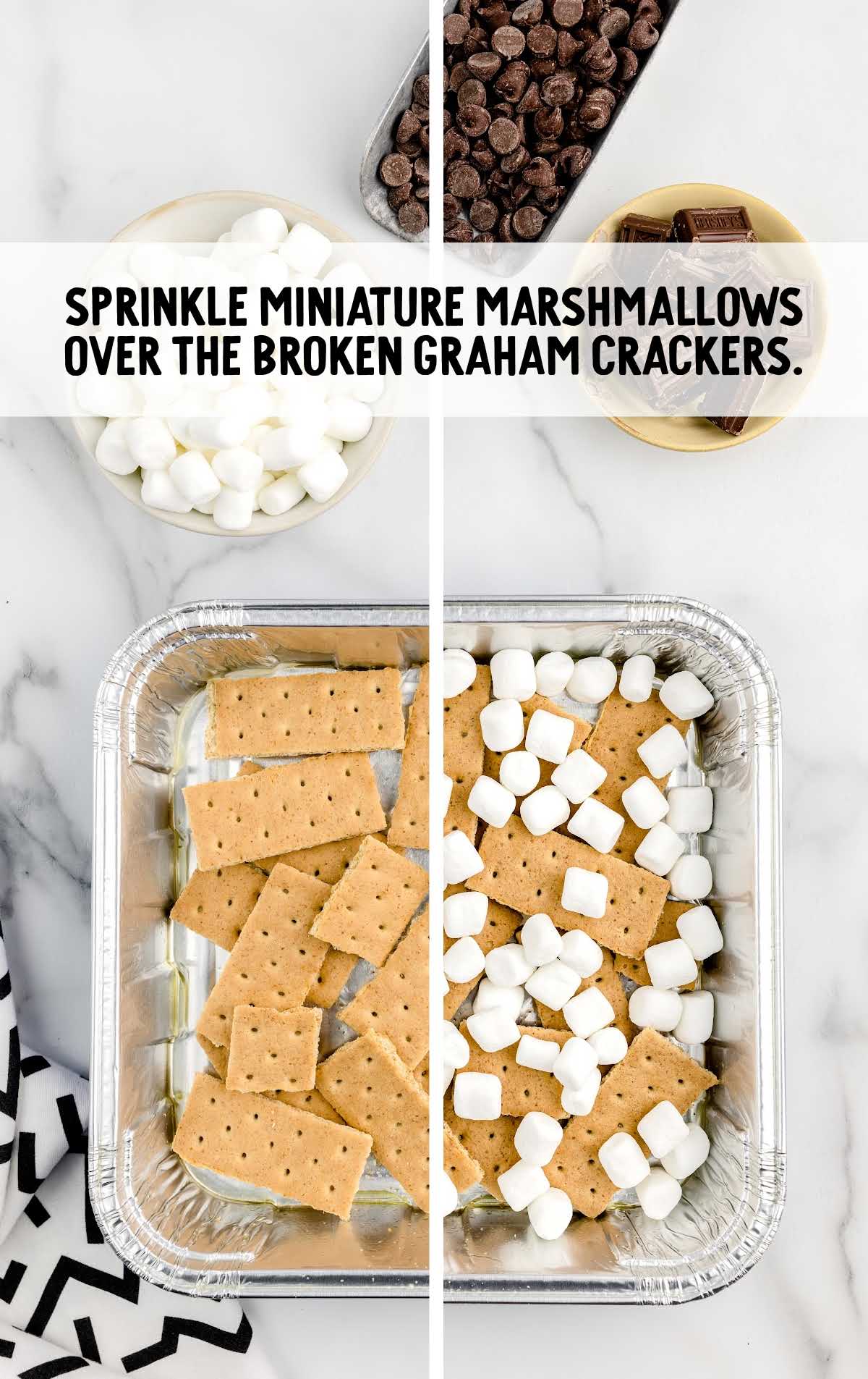 mini marshmallows sprinkled on top of the broken graham crackers