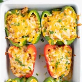 overhead shot of Chicken Stuffed Peppers in a baking dish