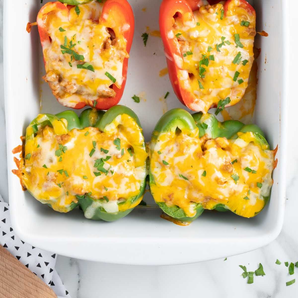 overhead shot of Chicken Stuffed Peppers in a baking dish