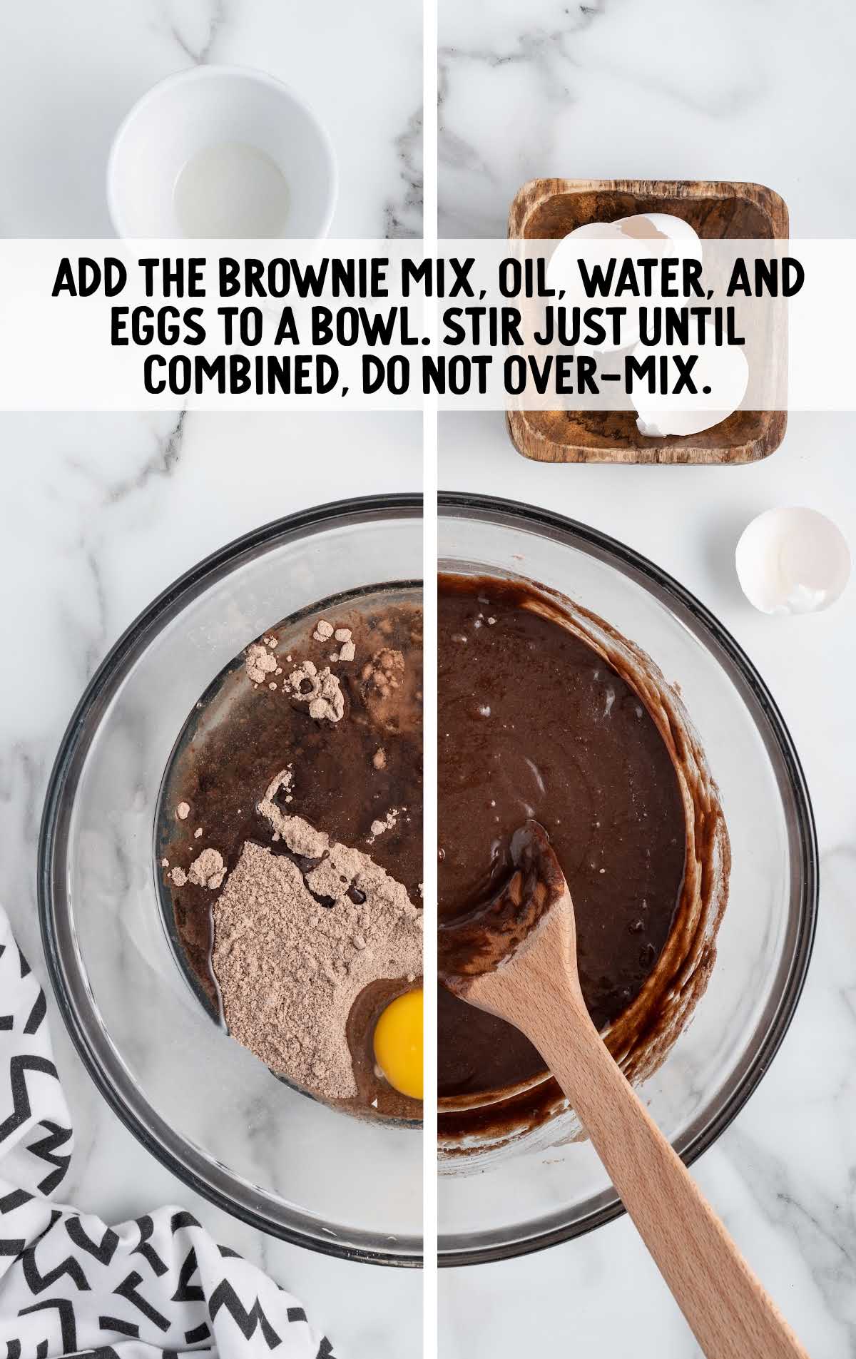brownie mix, vegetable oil, water, and eggs combined in a bowl